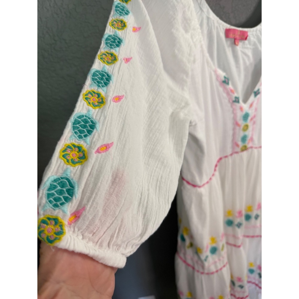 Simply Southern White Gauze Dress L Embroidered Turtle Pineapple Tiered Midi - Picture 7 of 10